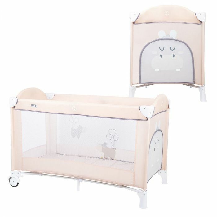 Baby-Budget | FreeON Campingbed - Reisbed met kruipluik en wieltjes - Nijlpaard - Beige |